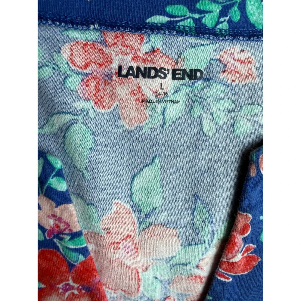 Lands End Blue Floral Cotton Sleeveless Split Neck Shift Dress L 14-16
